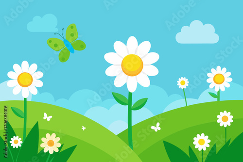 A simple cartoon illustration of a green meadow with daisies and butterflies vector illustration