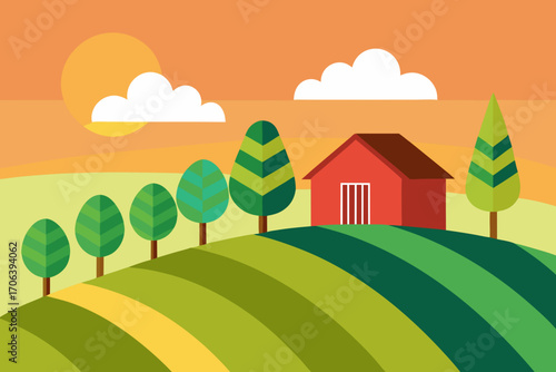 A scenic cartoon scene of a hillside farm with crops vector illustration