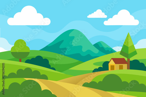 A scenic cartoon scene of a hilly countryside landscape vector illustration
