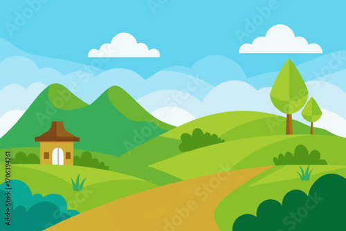 A cartoon illustration of a hilly countryside landscape vector illustration