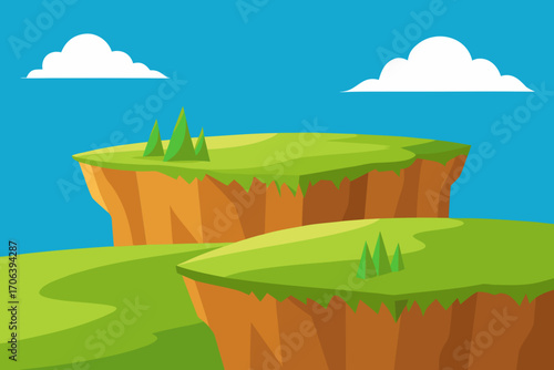 A simple cartoon of a grassy plateau with cliffs vector illustration
