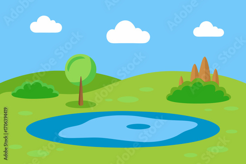 A cartoon grassy plain with a small pond vector illustration