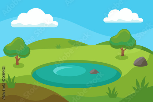 A simple cartoon illustration of a grassy plain with a small pond vector illustration