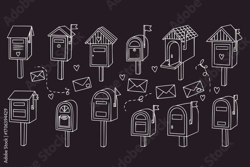Letterbox Doodle Vector Set – Hand-Drawn Mailbox, Letters, and Postal Elements, Isolated Icons for Illustration and Design