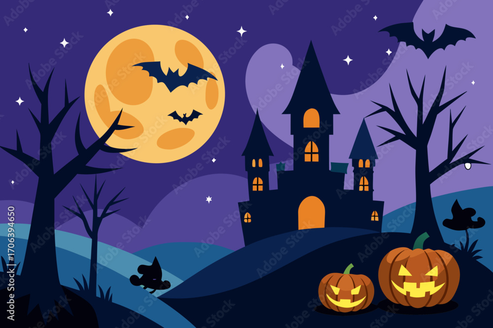 Fototapeta premium A cartoon Halloween night background with pumpkins vector illustration