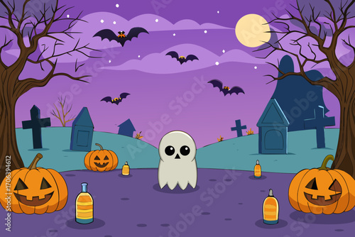 A spooky cartoon background of a Halloween haunted forest vector illustration