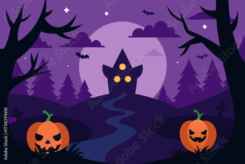 A cartoon Halloween haunted forest background vector illustration