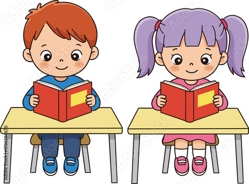 Cartoon children reading, classroom scene, educational concept, school desks, student activity, learning moment, vector illustration, book lovers, study time, kids