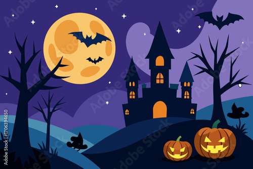 A cartoon Halloween night background with pumpkins vector illustration
