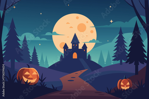 A simple cartoon illustration of a Halloween night with pumpkins vector illustration
