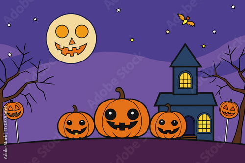 A spooky cartoon background of a Halloween night with pumpkins vector illustration