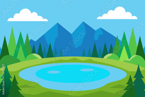 A cartoon illustration of a lake surrounded by a forest vector illustration