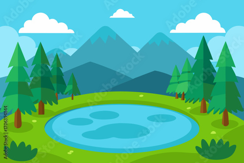 A simple cartoon of a lake surrounded by a forest vector illustration