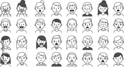 Cartoon emotion faces, black and white sketch, facial expressions, character icons, mood chart, vector illustration, psychology, reaction, feeling, emotion