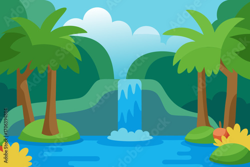 A serene cartoon scene of a jungle waterfall pool vector illustration