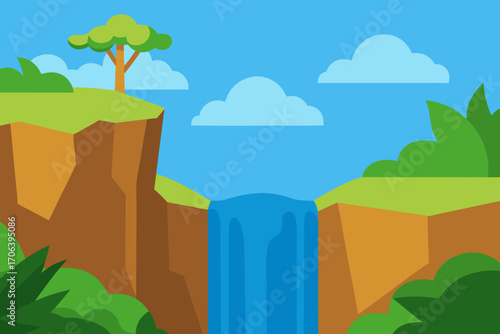 A majestic cartoon scene of a jungle cliff with a waterfall vector illustration