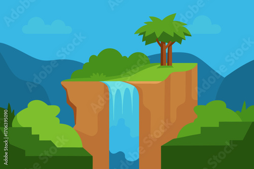 A cartoon illustration of a jungle cliff with a waterfall vector illustration