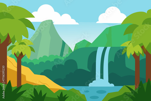 A simple cartoon background of a jungle waterfall vector illustration