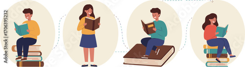Cartoon reading characters, book lovers, educational concept, vector illustration, children reading, study theme, learning activity, student pose, casual outfit, motivation