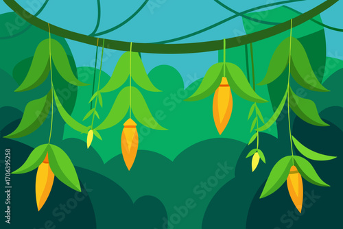 A dense cartoon scene of hanging jungle vines vector illustration
