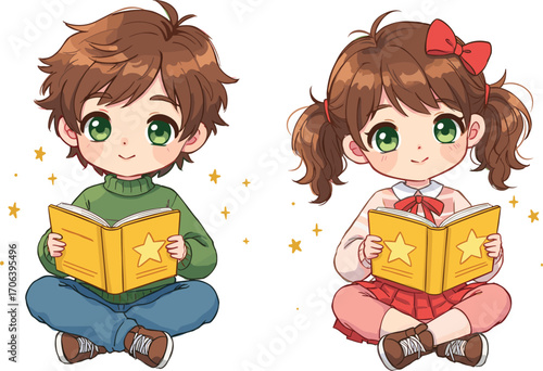 Cartoon children reading, cross-legged pose, star book cover, educational theme, learning concept, cheerful illustration, vector art, study time, kids, classroom