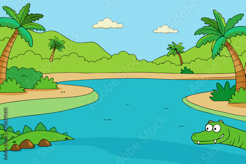 A simple cartoon background of a jungle river with crocodiles vector illustration