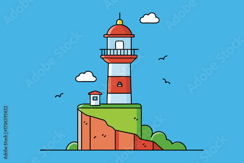 A simple cartoon background of a lighthouse on a cliff with birds vector illustration