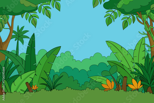 A simple cartoon background of a jungle with dense plants and vines vector illustration