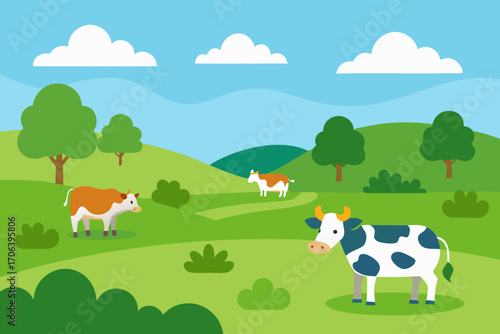 A simple cartoon of a meadow with grazing cows vector illustration