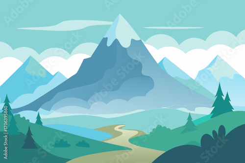 A cartoon illustration of a misty mountain valley vector illustration