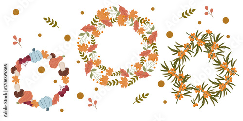 Autumn wreath collection with pumpkins, maple leaves, rowan branches and sea buckthorn berries. Festive fall frames for Thanksgiving, harvest, seasonal decoration and invitations. Cute cozy illustrati