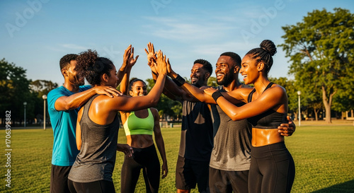 Joyful group of diverse African American friends celebrating a successful workout with a team high five in the park
