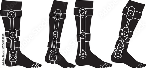 Four black silhouettes of medical leg braces silhouette