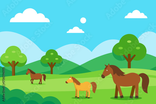 A beautiful cartoon scene of a meadow with grazing horses vector illustration