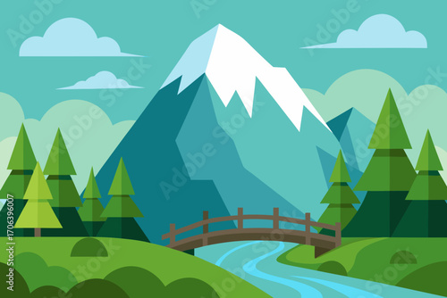 A scenic cartoon scene of a mountain forest with a bridge vector illustration