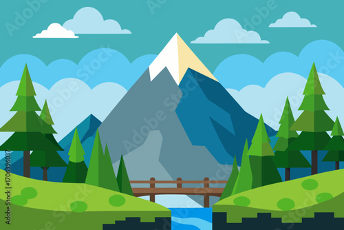A simple cartoon of a mountain forest with a bridge vector illustration