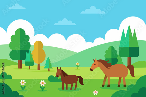 A simple cartoon of a meadow with grazing horses vector illustration