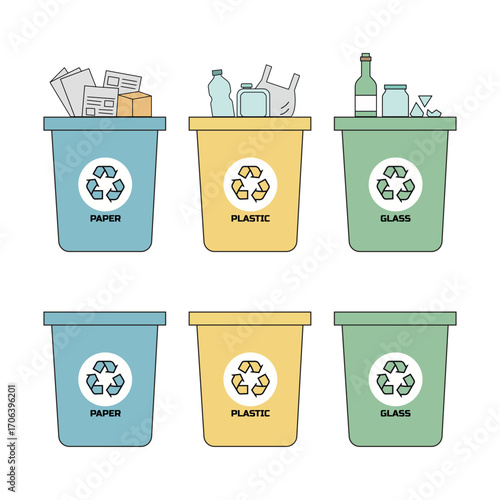 A set of six vector illustrations showing recycling bins for paper, plastic, and glass, representing waste management and environmental protection.