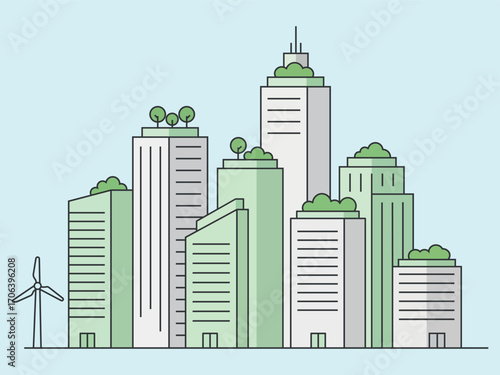 A clean vector illustration of a modern, eco-friendly cityscape with a mix of buildings and a wind turbine, representing sustainable urban development.