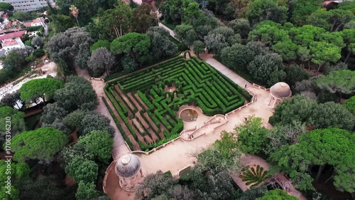 Beautiful Garden Maze. Park Labyrinth Horta. Enclosed by Lush Trees. Barcelona