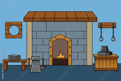 A detailed cartoon background of a medieval blacksmith shop vector illustration