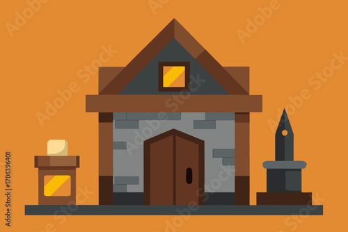 A cartoon medieval blacksmith shop background vector illustration
