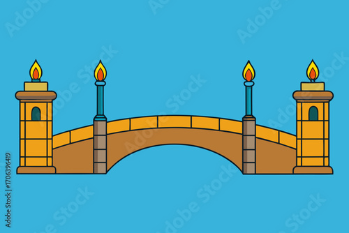 A scenic cartoon background of a medieval bridge with torches vector illustration