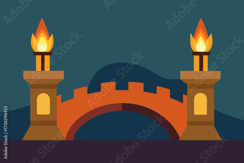 A cartoon medieval bridge background with torches vector illustration