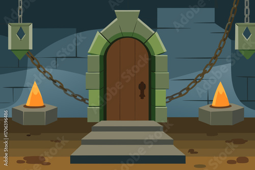 A cartoon medieval dungeon background with chains vector illustration