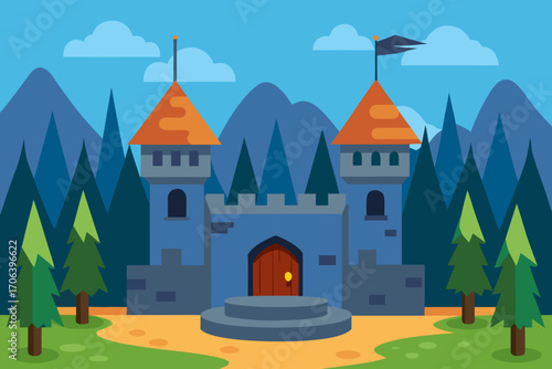 A cartoon medieval castle courtyard background vector illustration