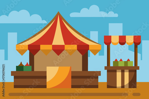 A cartoon medieval market background with stalls vector illustration