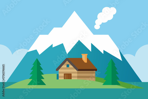 A cartoon mountain cabin background with chimney smoke vector illustration