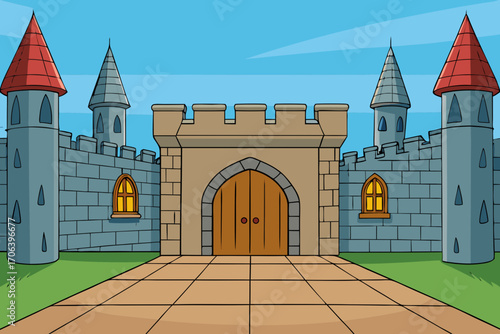 A simple cartoon background of a medieval castle courtyard vector illustration
