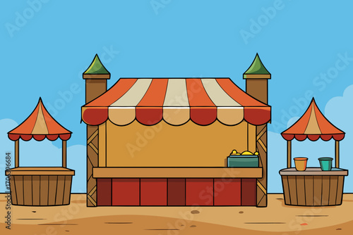 A simple cartoon illustration of a medieval market with stalls vector illustration